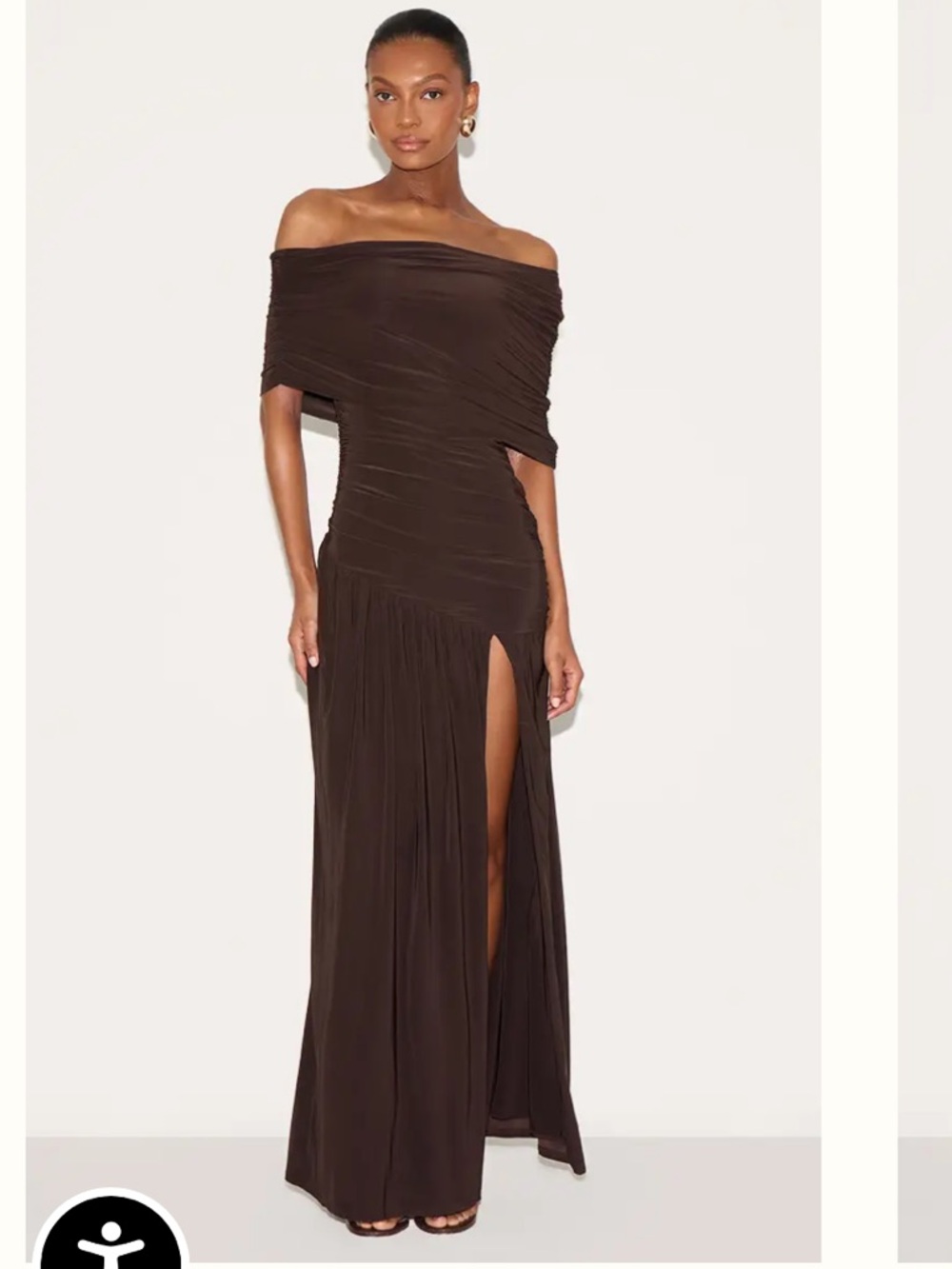 NWT- PrettyLittleThing Brown One-Shoulder Ruched Maxi Dress with High Slit